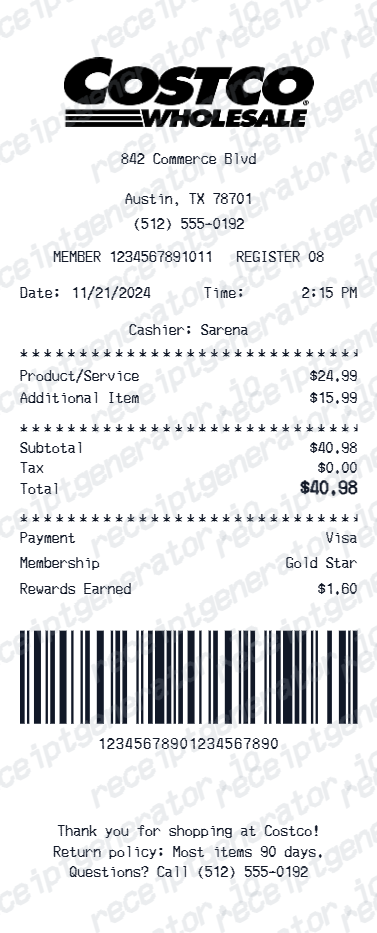 Costco receipt generator template preview