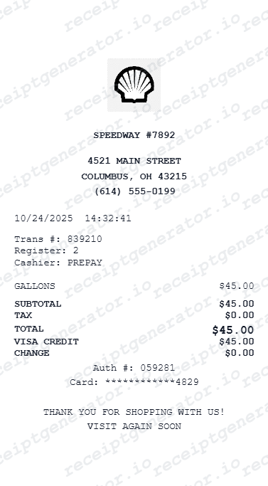 Gas receipt generator template preview